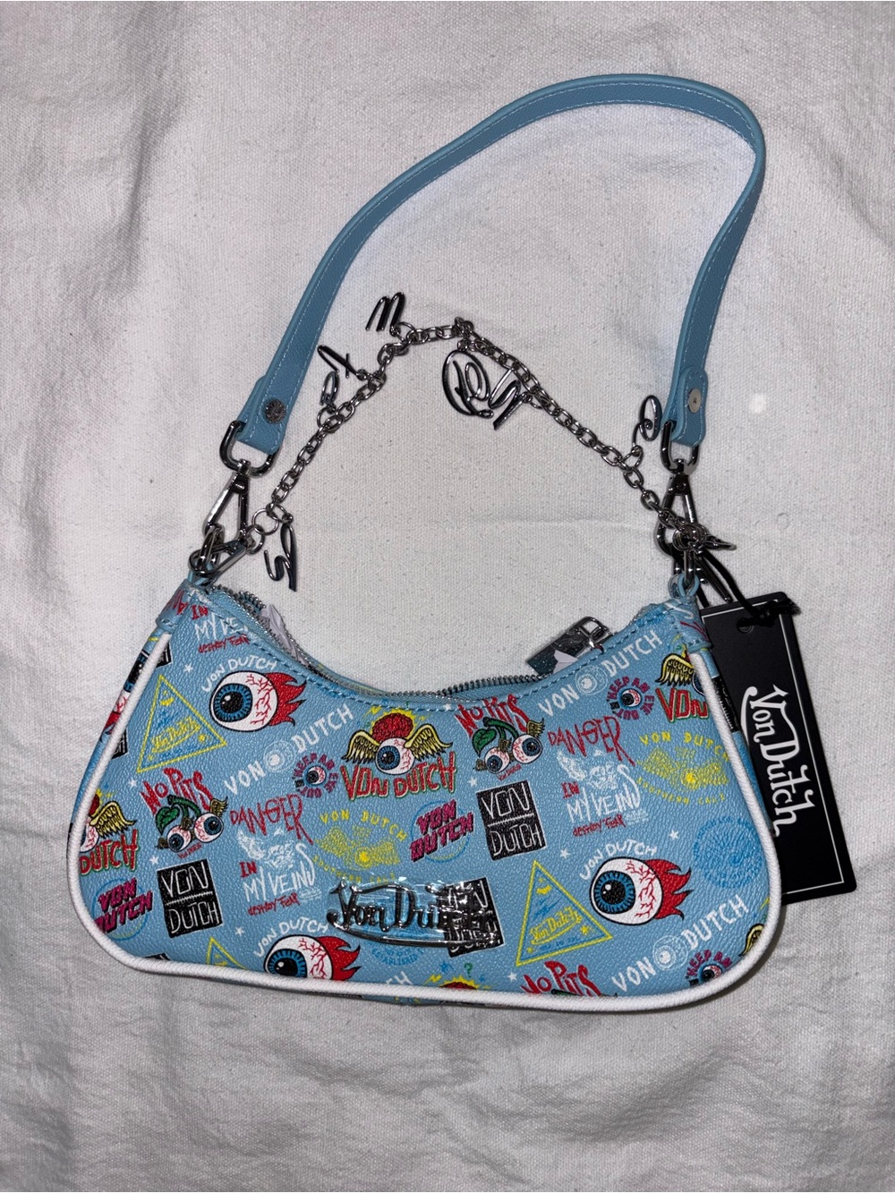 Von Dutch Light Blue Graphic Mini Shoulder Bag